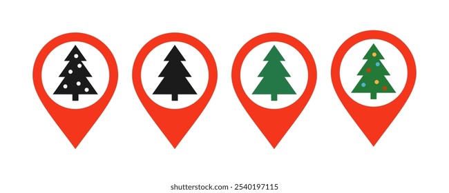 Christmas location icon. Christmas tree and map pin. Xmas market sign. Holiday place red symbol. Vector illustration isolated on white background.