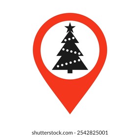 Ícone de local de Natal. Árvore de Natal e alfinete do mapa. Sinal de mercado no formato Xmas. Símbolo vermelho de Holiday place. Ilustração vetorial isolada sobre fundo branco.