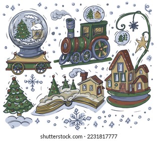 Christmas locomotive coloring book for children holiday sketch doodle set of individual elements of toys for the holiday New Year drawn by hand