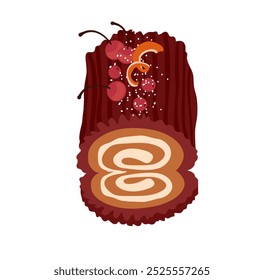 Christmas log. Traditional Christmas cake with decor. Colorful vector illustration on a white background