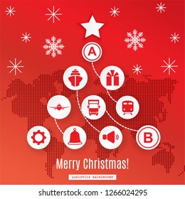 Christmas logistics card. Schematic christmas tree on schematic world map. Icons on red background. World map.