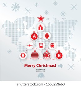 Christmas logistics card. Schematic christmas tree on schematic world map. Flat icons on white background