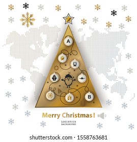 Christmas logistics card. Schematic christmas tree on schematic world map. Flat gold black icons on white Delivery Christmas card