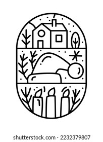 Weihnachts Logo Advent-Komposition Haus, Hut und Kerzen. Handgezeichneter Monoline-Winter-Vektorkonstruktor in zwei halben runden Rahmen und Rechteck für Grußkarte.