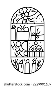 Christmas logo advent composition snow, gift boxes, hat, holly berry and candles. Hand drawn winter vector constructor in two half round frame and rectangles for greeting card.