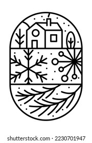 Christmas logo advent composition snowflake, branches, house and trees. Hand drawn monoline winter vector constructor in half round frame and rectangle for greeting card.