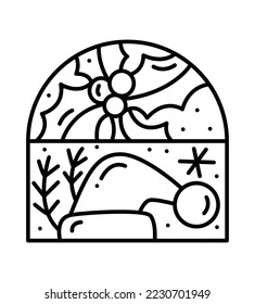 Christmas logo advent composition snowflake, hat, holly berry. Hand drawn winter vector constructor monoline in half round frame and rectangle for greeting card.