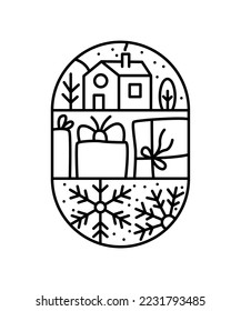 Christmas logo advent composition snowflake, gift boxes, house and trees. Hand drawn monoline winter vector constructor in half round frame and rectangle for greeting card.