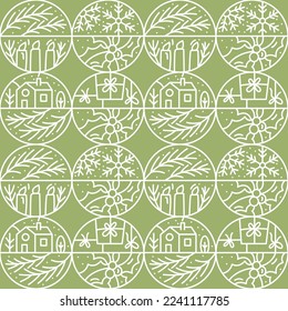 Weihnachts-Logo Advent nahtlose Muster Schneeflocke, Geschenkbox, Haus, Garten, Sock und Baum auf grünem Hintergrund. Handgezeichneter Monoline-Winter-Vektorkonstruktor für Grußkarte.