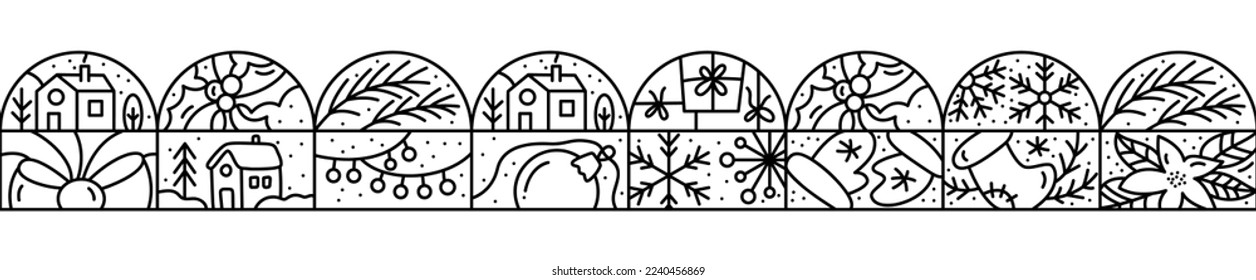 Christmas logo advent Washi tape seamless pattern border snowflake, gift boxes, house, garland, sock and mittens. Hand drawn monoline winter vector constructor for greeting card.