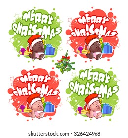 Christmas logo with baby, gifts and branch of mistletoe. Vector clip-art illustration. Christmas template logo.