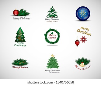 Christmas Logo And Elements Set - Isolated On Gray Background - Vector Illustration, Collection Of Xmas Icons For Label, Sticker, Christmas Tree Icon And Logo. Modern Merry Christmas Typography Vector