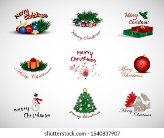 Christmas Logo And Elements Set - Isolated On Gray Background - Vector Illustration, Collection Of Xmas Icons For Label, Sticker, Christmas Tree Icon And Logo. Modern Merry Christmas Typography Vector