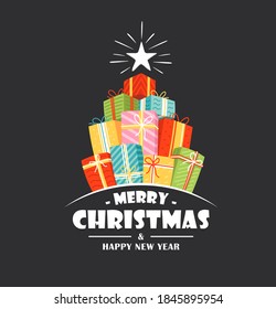 Christmas logo with flat gift boxes isolated on black background. Christmas design on cartoon style. Vector illustration