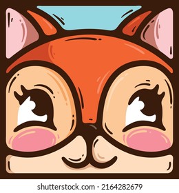 Christmas logo with a fox cub in a square. A handdrawn fox cub with pink cheeks happily looks up. Fragment of advent calendar