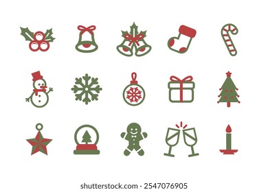 Christmas logo icon snowflake, snowman, candy, tree, sock, globe, drink, gift, bell, jingle bell, gingerbread man, chirs, candy, christmas star, candle vector