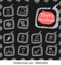 Christmas logo icons words Christmas style  Doodle. Set icon white black. Simple icon, sign, symbol of Xmas and New year hand drawn.