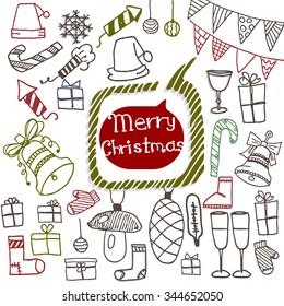 Christmas logo icons words style  Doodle. Set colored icon. Christmas colorful icon, sign, symbol of Xmas and New year hand drawn.