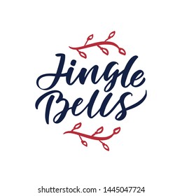 Christmas logo "Jingle bells" hand drawn lettering. Xmas red, lettering. Calligraphy on white background. Composition for banner, postcard, poster design element stories, posts, etc. Vector eps10