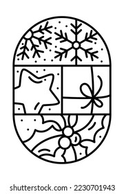 Weihnachtslogokomposition aus dem Kloster Schneeflocken, Stern, Geschenkbox und Heiligbeere. Handgezeichneter Wintervektorkonstruktor in halbem Rundrahmen und Quadrate für Grußkarte.