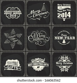 christmas logo new year sale vintage chalk blackboard happy type set of new year and christmas selling classical chalk text labels on a blackboard christmas logo new year sale vintage chalk blackboard