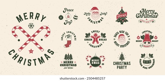 Christmas logo set. Cute Christmas emblems. Poster, emblem, party invitation designs. Print for t-shirt, tee. 8 trendy logo designs. Vector illlustration