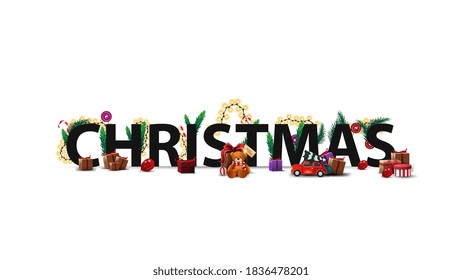 Christmas logo, sign, symbol. 3D title decorated with presents, Christmas tree branches, candy and garland isolated on white