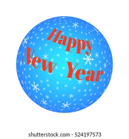 Christmas logo with text "Happy New Year". Blue Xmas decorated with white snowflakes. 