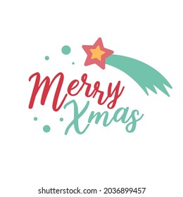 Christmas logotype or insignia. Cute cartoon flying star. Merry Xmas.