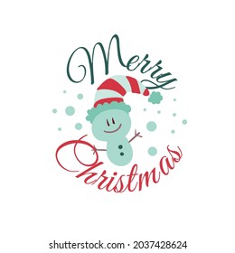 Christmas logotype or insignia. Cute cartoon snowman. Merry Christmas.