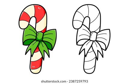 Christmas lollipop with a bow coloring book with coloring example for kids. Coloring page with christmas lollipop with a bow. Monochrome and color version. Vector children's illustration