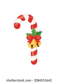 Christmas lollipop. Christmas candy cane with bells. Festive striped lollipop is a symbol of winter holidays. Vector graphics