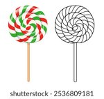 Christmas lollipop color and outline icon. Sweet candy on stick with red, green and white swirls. Xmas peppermint sweet, sucker candy on stick, vector cartoon illustration isolated on white background