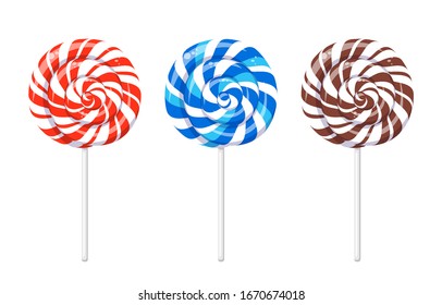 Christmas lollipop with red spirals,  blue twisted sucker candy on stick. Vector cartoon set of round candies with striped swirls. Chocolate hard sugar caramel, lollypop isolated on white background
