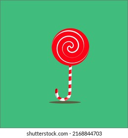 Christmas lollipop with red spirals, rainbow twisted sucker candy on stick. Vector cartoon set of round candies with striped swirls. 