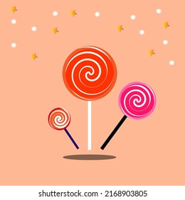 Christmas lollipop with red spirals, rainbow twisted sucker candy on stick. Vector cartoon set of round candies with striped swirls. 