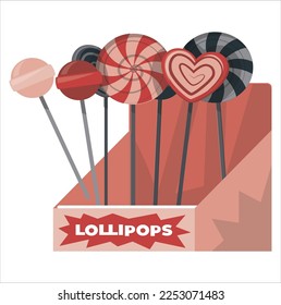 Christmas lollipop with red spirals, rainbow twisted sucker candy on stick. Vector cartoon set of round candies with striped swirls. Mint hard sugar caramel, lollypop isolated on white background
