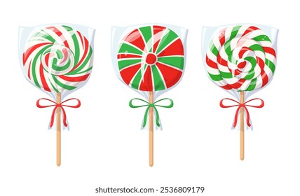 Conjunto de piruletas de Navidades, caramelo con rayas en espiral envueltas en un paquete de plástico transparente. Dulce regalo de Navidad, piruleta redonda en palo en bolsa transparente, ilustración de dibujos animados de Vector aislado sobre fondo blanco