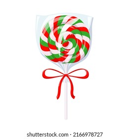 Christmas lollipop with spiral stripes wrapped in transparent plastic pack with red bow. Vector cartoon illustration of Xmas gift, round peppermint hard sugar candy on stick in clear pouch