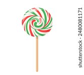 Christmas lollipop, sweet candy on stick with swirls. Icon of Christmas peppermint sweet, sucker candy with red and green spiral stripes, vector cartoon illustration isolated on white background