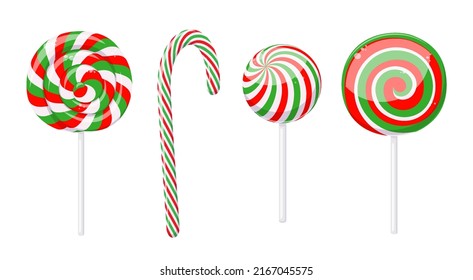 Christmas lollipops and candy cane with spiral red and green stripes and swirls. Vector cartoon set of round peppermint hard sugar candies and caramels, Xmas and New Year sweet gifts