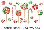 Christmas lollipops, candy canes and peppermint sweets with spiral red and green stripes and swirls. Hard sugar candies and caramels on sticks, striped Xmas lollipops, vector cartoon set