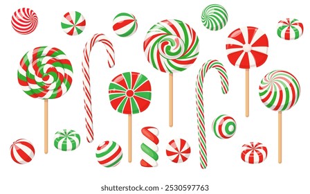 Christmas lollipops, candy canes and peppermint sweets with spiral red and green stripes and swirls. Hard sugar candies and caramels on sticks, striped Xmas lollipops, vector cartoon set