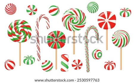 Christmas lollipops, candy canes and peppermint sweets with spiral red and green stripes and swirls. Hard sugar candies and caramels on sticks, striped Xmas lollipops, vector cartoon set