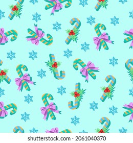 Christmas lollipops, holly seamless pattern on gentle background. Traditional Christmas food for New Years celebration. Vector illustration