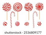 Christmas lollipops on stick, candy canes, bubblegum and peppermint sweets with spiral red and white stripes and swirls. Striped Xmas lollipops, mint hard sugar candies and sweets, vector cartoon set