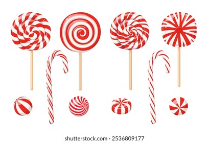 Navidades de piruletas en palo, bastones de caramelo, chicle y menta con rayas rojas y blancas en espiral y remolinos. Piruletas de Navidad a rayas, caramelos de azúcar y dulces duros de menta, juego de dibujos animados de Vector