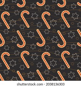 Christmas lollipops stars and strands seamless pattern. Gingerbread candy on a dark background. Template for festive packaging, fabric and decor.Vector illustration for New Year's wallpaper.