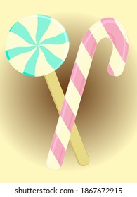 Christmas lollipops.Round multi-colored candy and pink sugar stick.Vector graphics.