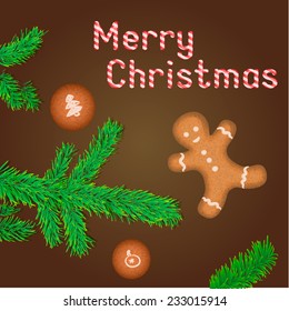 Christmas lollypop candy Merry Christmas on brown background with Gingerbread Man cookie and Christmas tree branch 